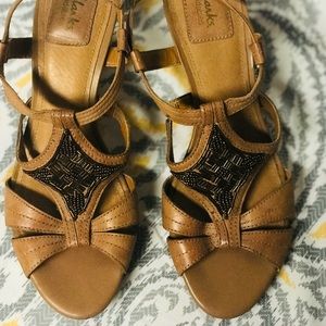 Clarks Wedge Sandals Beaded Open Toe Ankle Strap